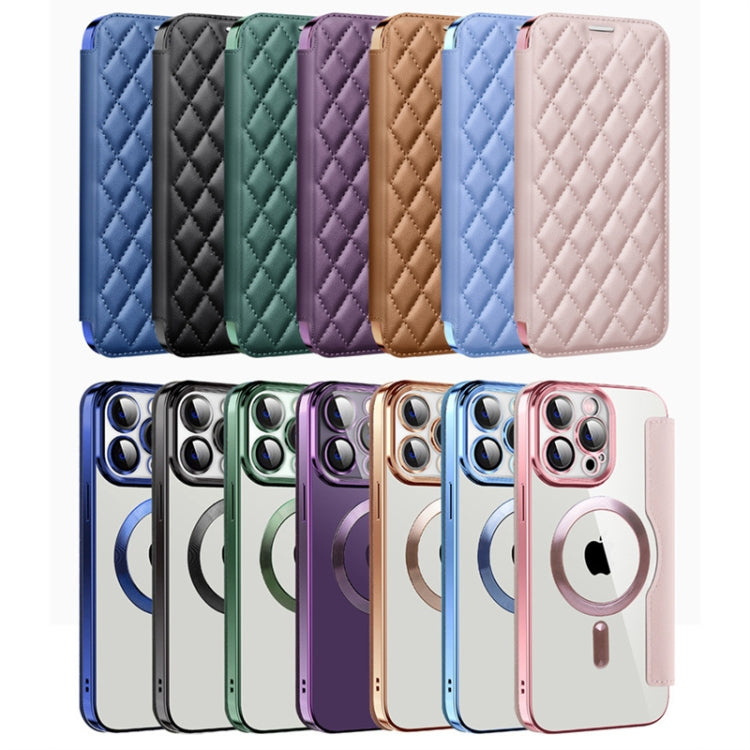 For iPhone 15 Pro Max Shield Magsafe RFID Anti-theft Rhombus Leather Phone Case(Purple) - HoMEdemic™ 
