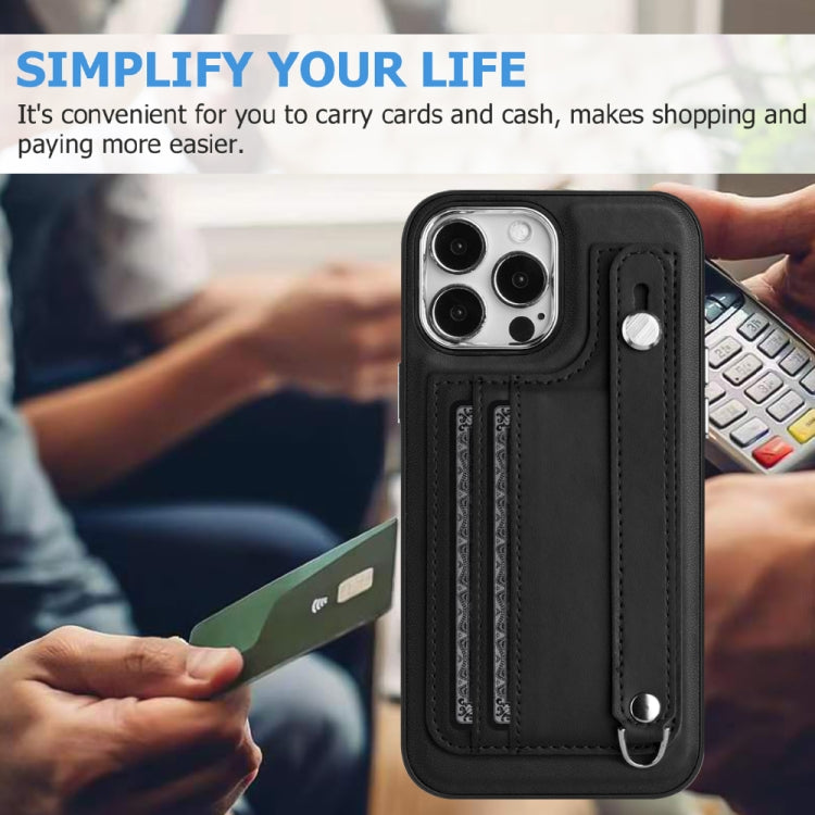 For iPhone 15 Pro Max Shockproof Leather Phone Case with Wrist Strap(Black) - HoMEdemic™ 