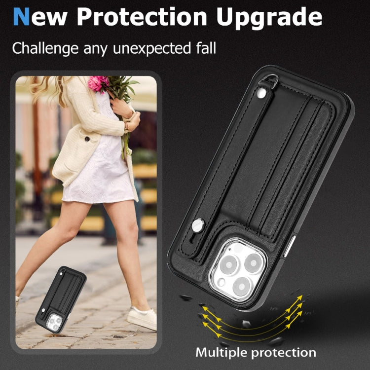 For iPhone 15 Pro Max Shockproof Leather Phone Case with Wrist Strap(Black) - HoMEdemic™ 