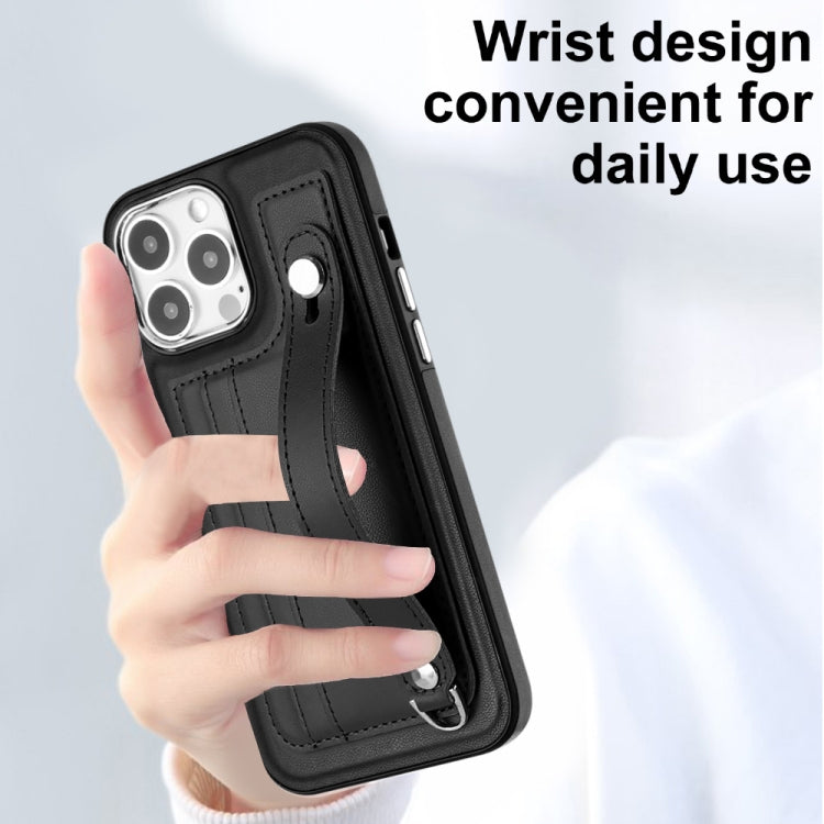 For iPhone 15 Pro Max Shockproof Leather Phone Case with Wrist Strap(Black) - HoMEdemic™ 