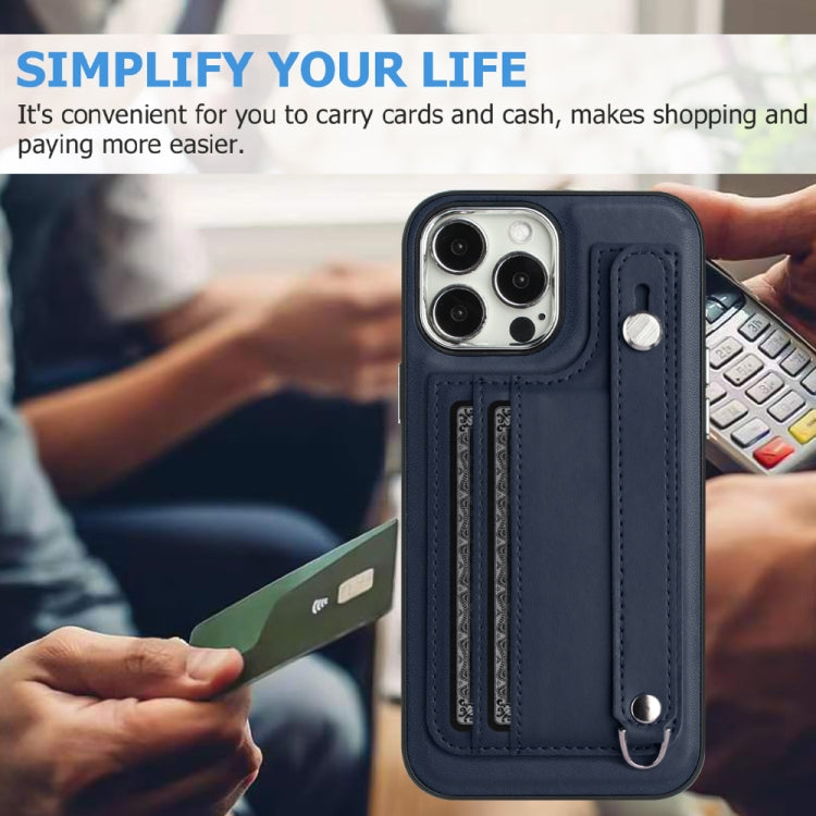 For iPhone 15 Pro Max Shockproof Leather Phone Case with Wrist Strap(Blue) - HoMEdemic™ 