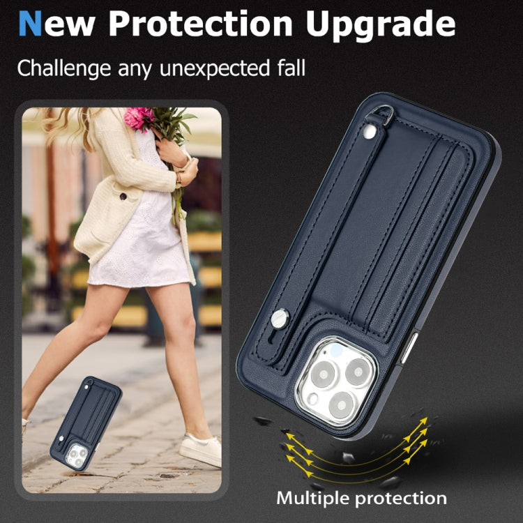 For iPhone 15 Pro Max Shockproof Leather Phone Case with Wrist Strap(Blue) - HoMEdemic™ 