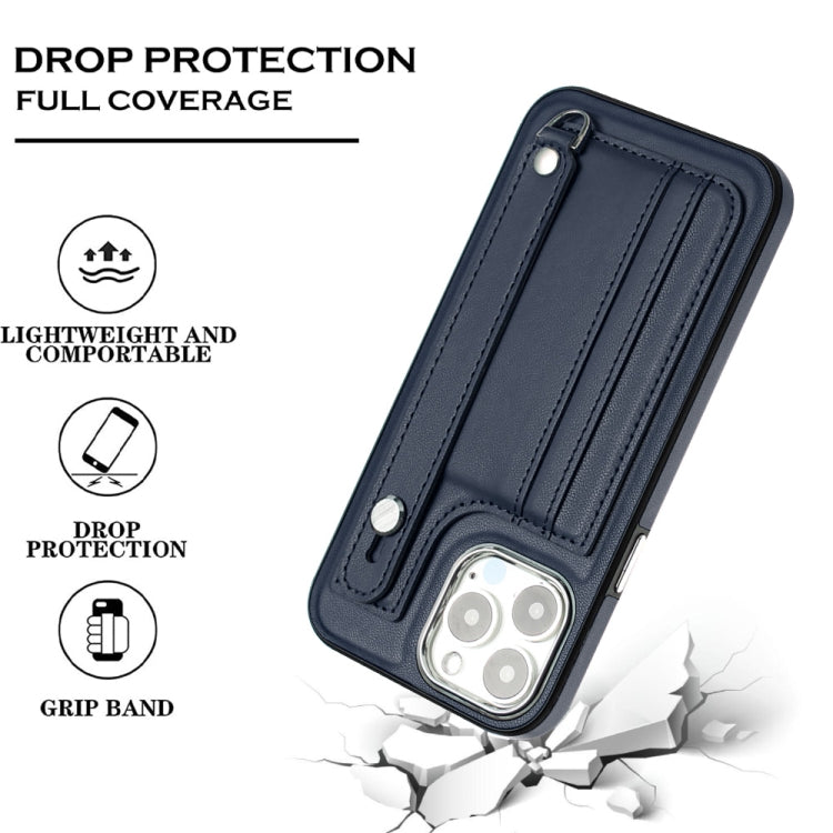For iPhone 15 Pro Max Shockproof Leather Phone Case with Wrist Strap(Blue) - HoMEdemic™ 