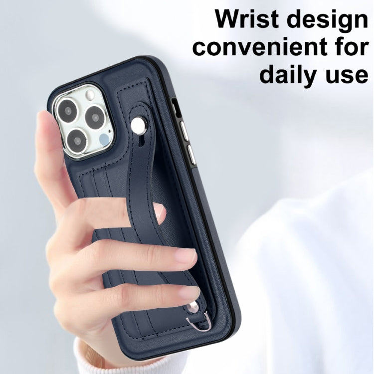 For iPhone 15 Pro Max Shockproof Leather Phone Case with Wrist Strap(Blue) - HoMEdemic™ 