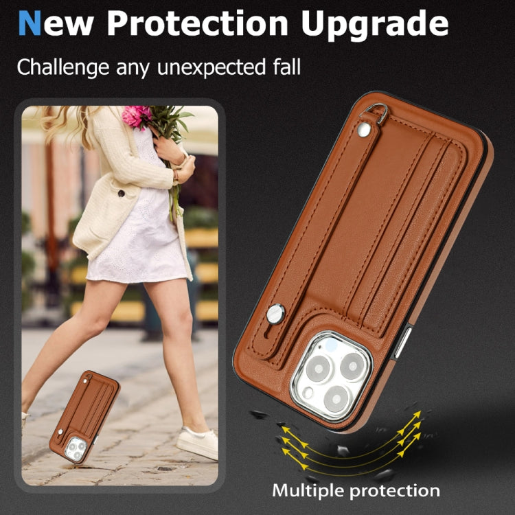 For iPhone 15 Pro Max Shockproof Leather Phone Case with Wrist Strap(Brown) - HoMEdemic™ 