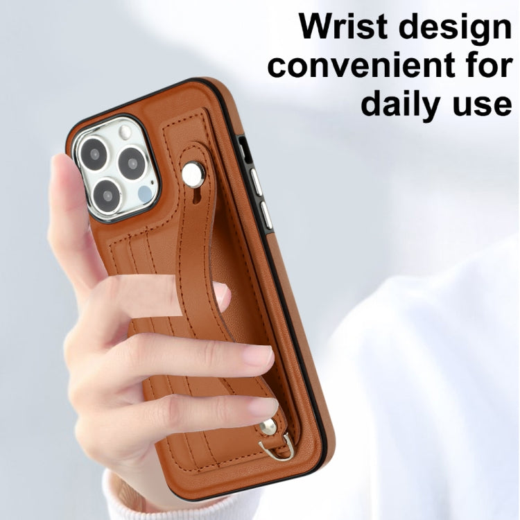 For iPhone 15 Pro Max Shockproof Leather Phone Case with Wrist Strap(Brown) - HoMEdemic™ 