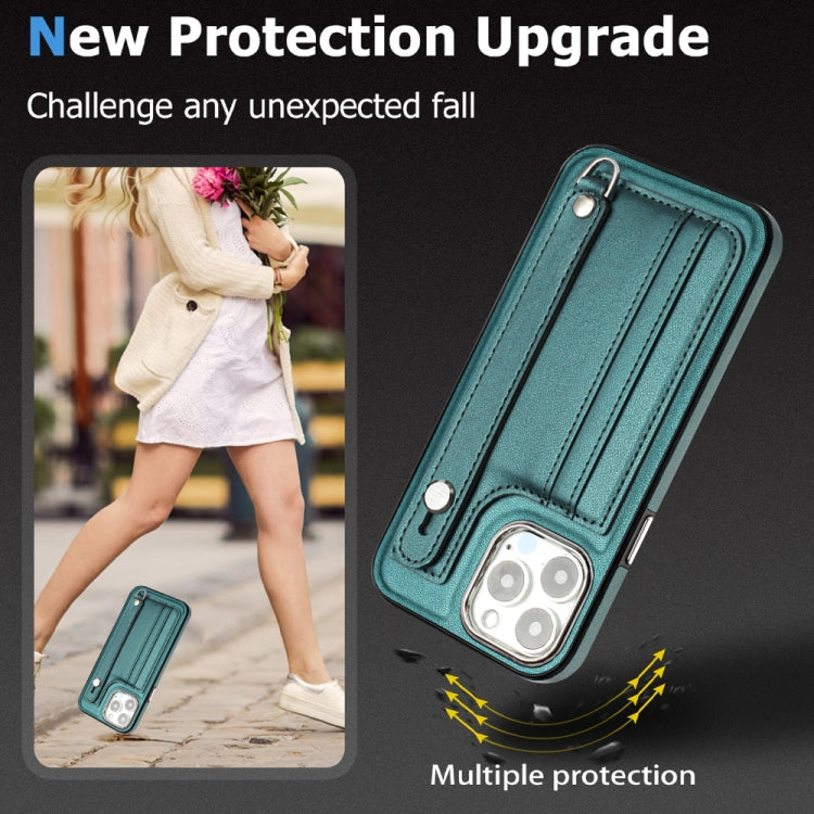For iPhone 15 Pro Max Shockproof Leather Phone Case with Wrist Strap(Green) - HoMEdemic™ 
