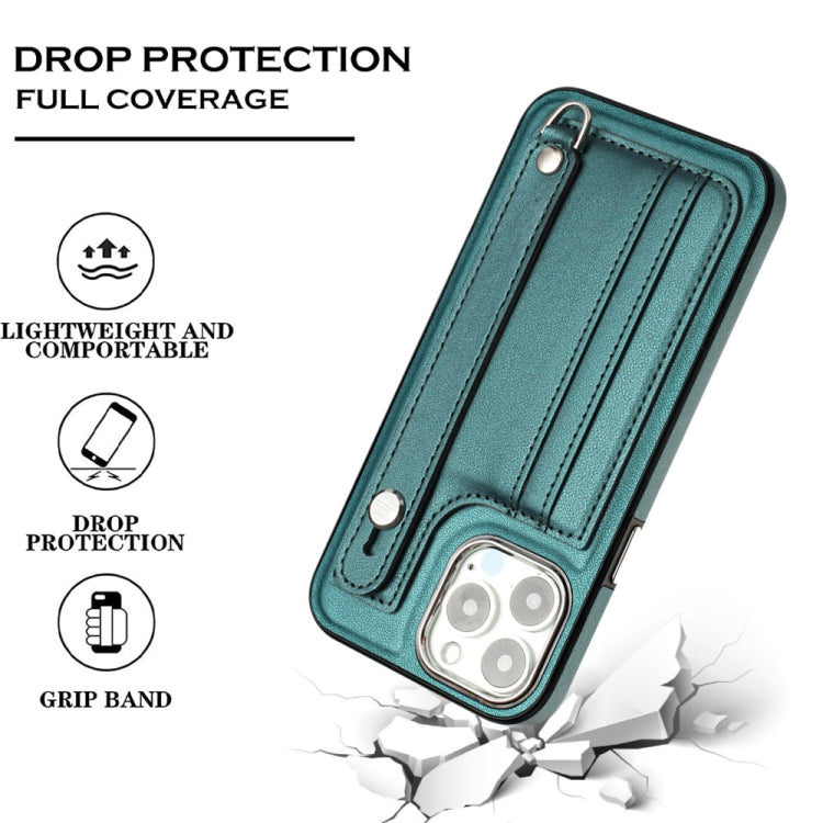 For iPhone 15 Pro Max Shockproof Leather Phone Case with Wrist Strap(Green) - HoMEdemic™ 