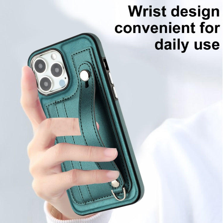 For iPhone 15 Pro Max Shockproof Leather Phone Case with Wrist Strap(Green) - HoMEdemic™ 