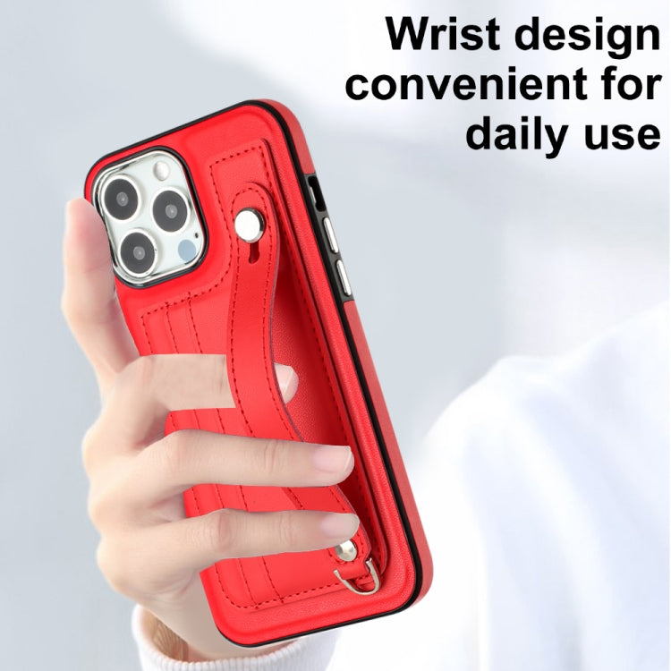 For iPhone 15 Pro Max Shockproof Leather Phone Case with Wrist Strap(Red) - HoMEdemic™ 