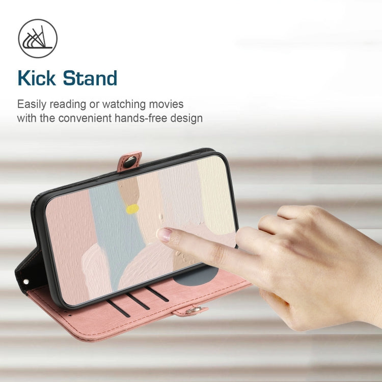 For iPhone 15 Pro Max Side Buckle Double Fold Hand Strap Leather Phone Case(Pink) - HoMEdemic™ 