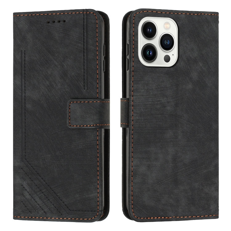 For iPhone 15 Pro Max Skin Feel Stripe Pattern Leather Phone Case with Lanyard(Black) - HoMEdemic™ 