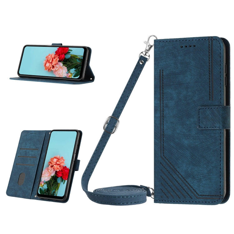 For iPhone 15 Pro Max Skin Feel Stripe Pattern Leather Phone Case with Lanyard(Blue) - HoMEdemic™ 