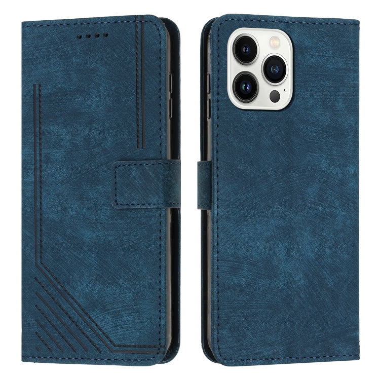 For iPhone 15 Pro Max Skin Feel Stripe Pattern Leather Phone Case with Lanyard(Blue) - HoMEdemic™ 