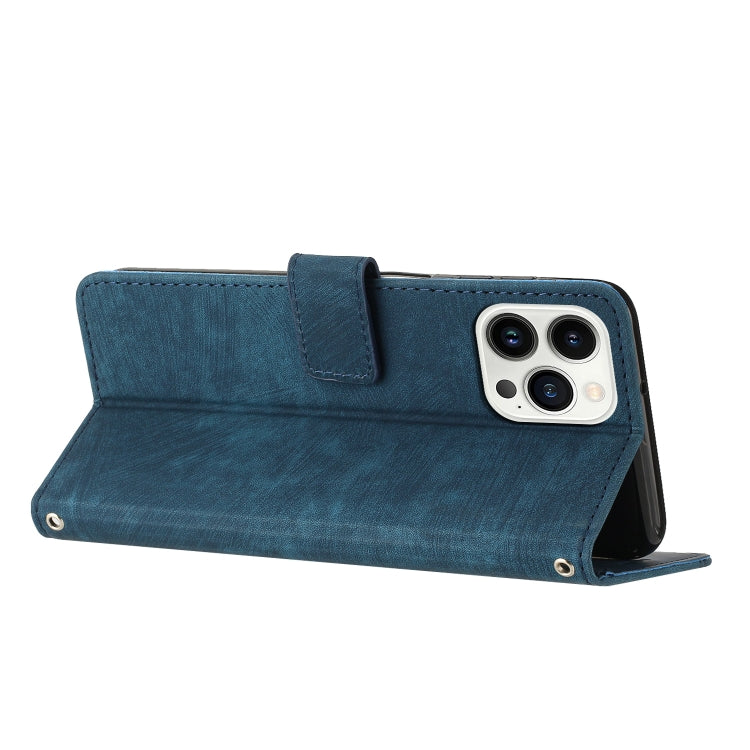 For iPhone 15 Pro Max Skin Feel Stripe Pattern Leather Phone Case with Lanyard(Blue) - HoMEdemic™ 