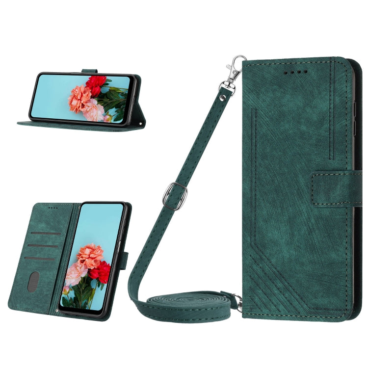 For iPhone 15 Pro Max Skin Feel Stripe Pattern Leather Phone Case with Lanyard(Green) - HoMEdemic™ 