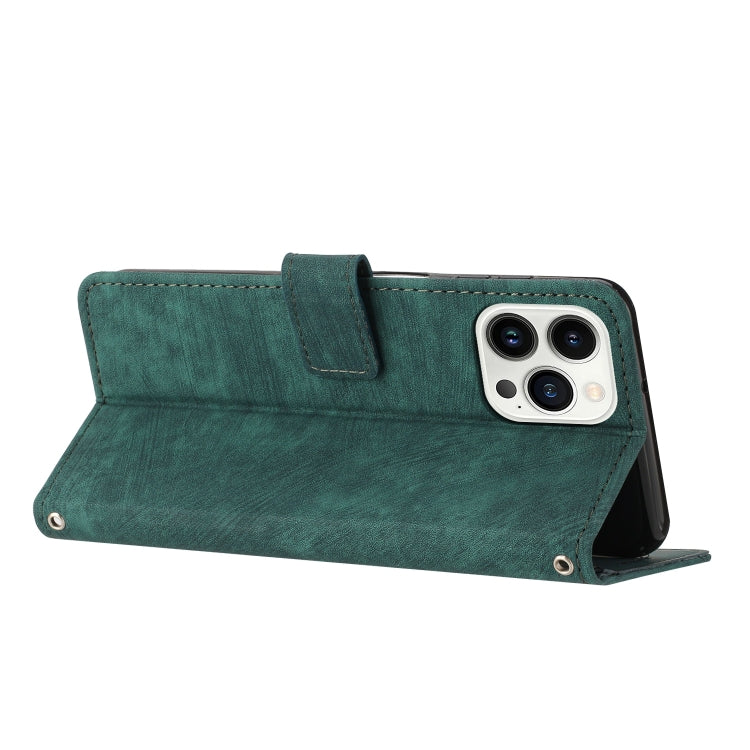 For iPhone 15 Pro Max Skin Feel Stripe Pattern Leather Phone Case with Lanyard(Green) - HoMEdemic™ 