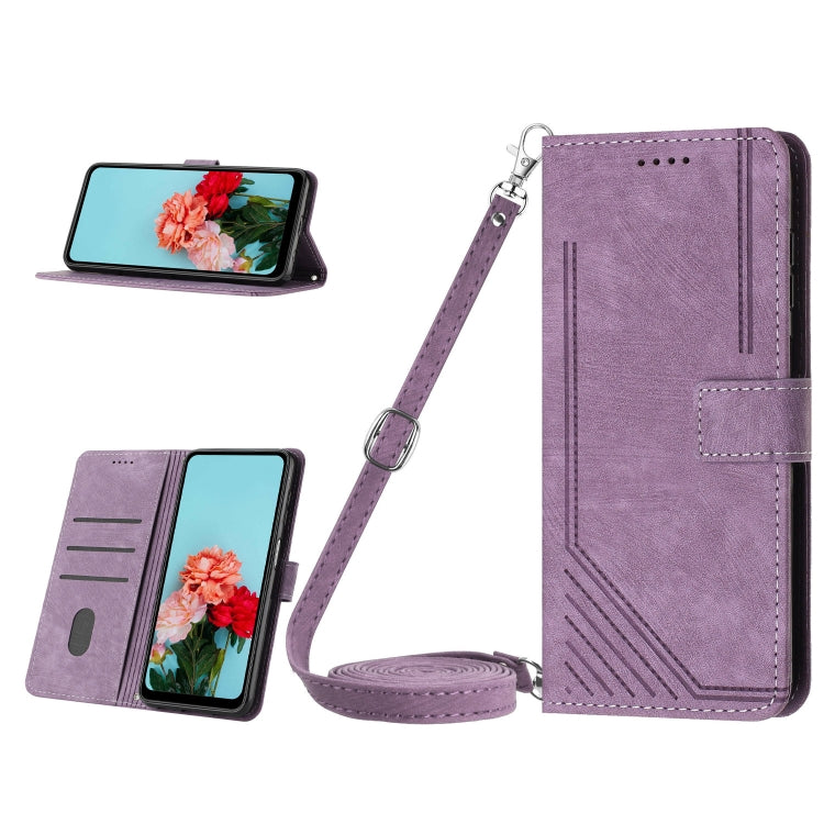 For iPhone 15 Pro Max Skin Feel Stripe Pattern Leather Phone Case with Lanyard(Purple) - HoMEdemic™ 