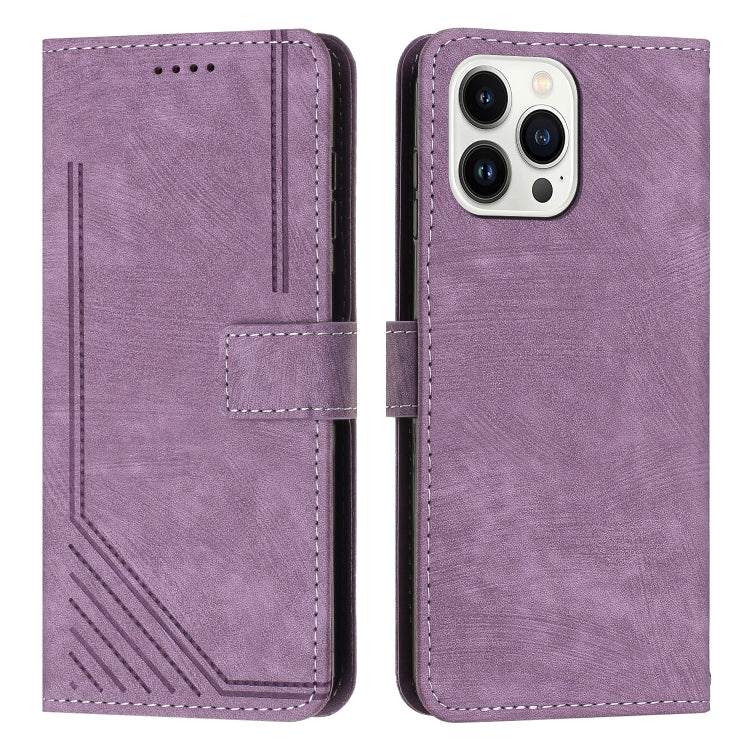 For iPhone 15 Pro Max Skin Feel Stripe Pattern Leather Phone Case with Lanyard(Purple) - HoMEdemic™ 
