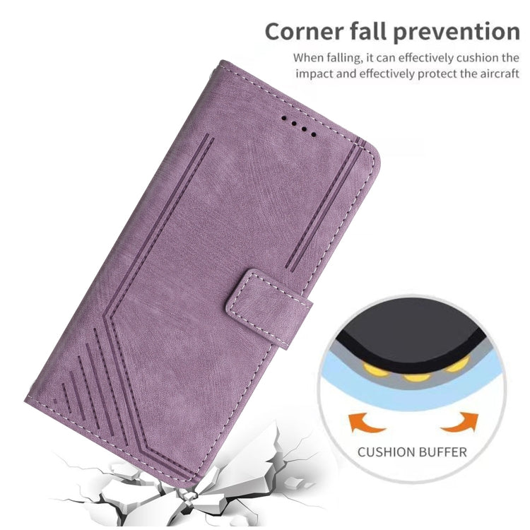 For iPhone 15 Pro Max Skin Feel Stripe Pattern Leather Phone Case with Lanyard(Purple) - HoMEdemic™ 