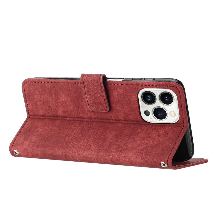 For iPhone 15 Pro Max Skin Feel Stripe Pattern Leather Phone Case with Lanyard(Red) - HoMEdemic™ 