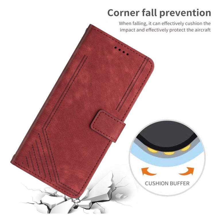 For iPhone 15 Pro Max Skin Feel Stripe Pattern Leather Phone Case with Lanyard(Red) - HoMEdemic™ 