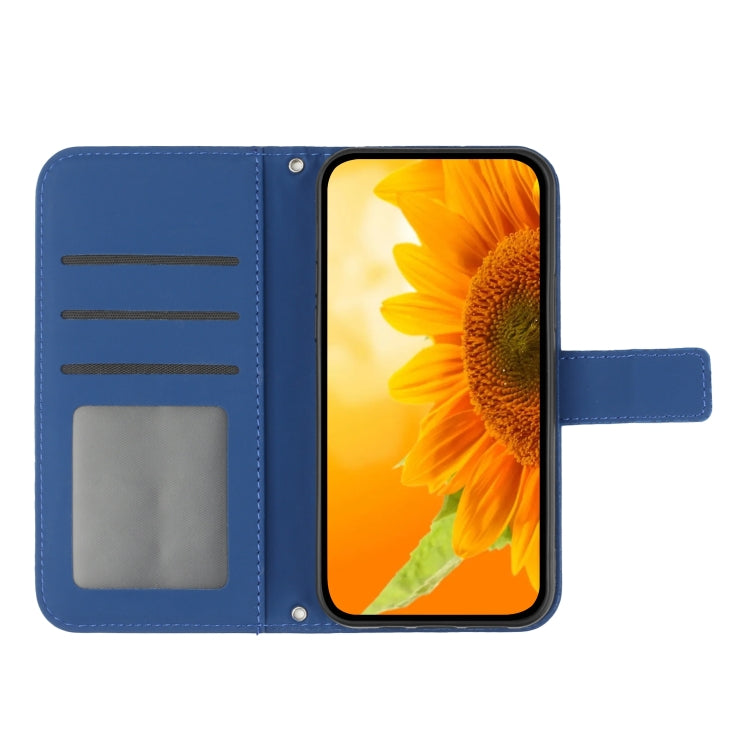 For iPhone 15 Pro Max Skin Feel Sun Flower Embossed Flip Leather Phone Case with Lanyard(Dark Blue) - HoMEdemic™ 