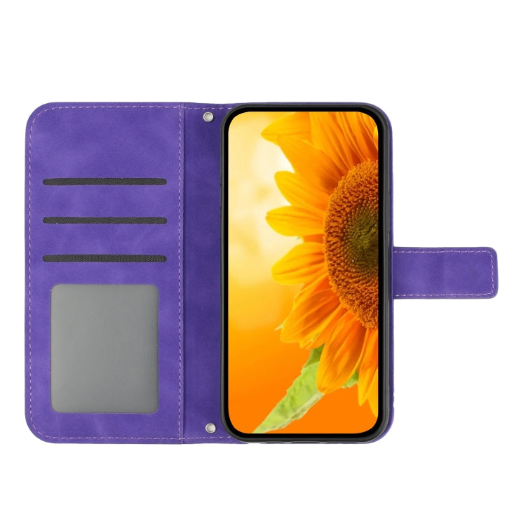 For iPhone 15 Pro Max Skin Feel Sun Flower Embossed Flip Leather Phone Case with Lanyard(Dark Purple) - HoMEdemic™ 