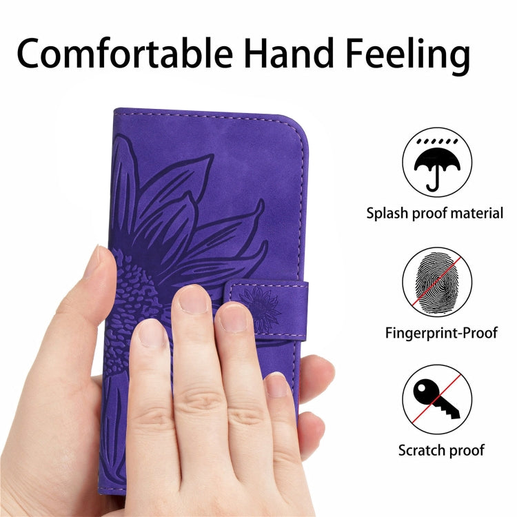 For iPhone 15 Pro Max Skin Feel Sun Flower Embossed Flip Leather Phone Case with Lanyard(Dark Purple) - HoMEdemic™ 