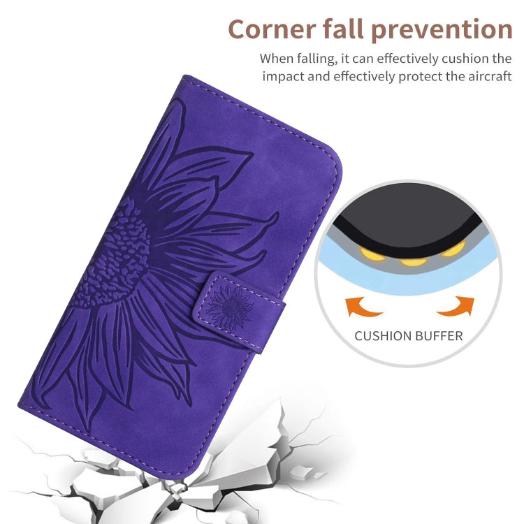 For iPhone 15 Pro Max Skin Feel Sun Flower Embossed Flip Leather Phone Case with Lanyard(Dark Purple) - HoMEdemic™ 