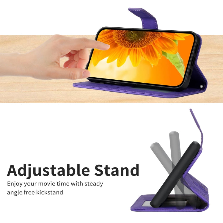 For iPhone 15 Pro Max Skin Feel Sun Flower Embossed Flip Leather Phone Case with Lanyard(Dark Purple) - HoMEdemic™ 