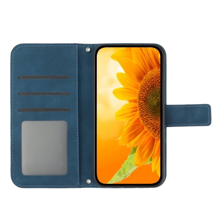 For iPhone 15 Pro Max Skin Feel Sun Flower Embossed Flip Leather Phone Case with Lanyard(Inky Blue) - HoMEdemic™ 