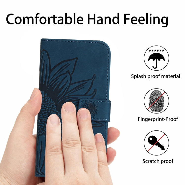 For iPhone 15 Pro Max Skin Feel Sun Flower Embossed Flip Leather Phone Case with Lanyard(Inky Blue) - HoMEdemic™ 