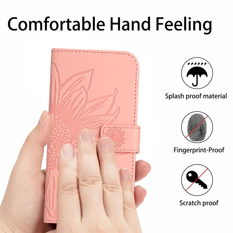 For iPhone 15 Pro Max Skin Feel Sun Flower Embossed Flip Leather Phone Case with Lanyard(Pink) - HoMEdemic™ 