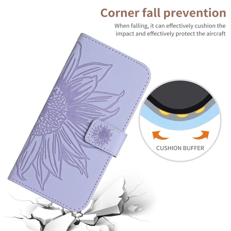 For iPhone 15 Pro Max Skin Feel Sun Flower Embossed Flip Leather Phone Case with Lanyard(Purple) - HoMEdemic™ 