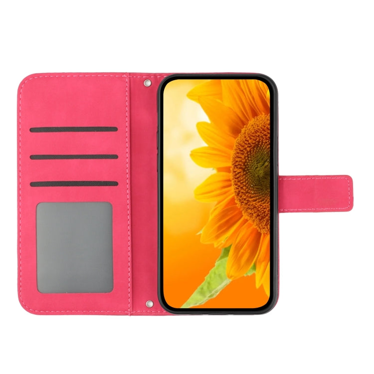 For iPhone 15 Pro Max Skin Feel Sun Flower Embossed Flip Leather Phone Case with Lanyard(Rose Red) - HoMEdemic™ 