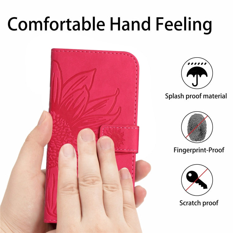 For iPhone 15 Pro Max Skin Feel Sun Flower Embossed Flip Leather Phone Case with Lanyard(Rose Red) - HoMEdemic™ 