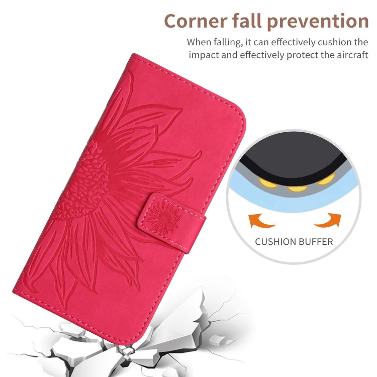For iPhone 15 Pro Max Skin Feel Sun Flower Embossed Flip Leather Phone Case with Lanyard(Rose Red) - HoMEdemic™ 