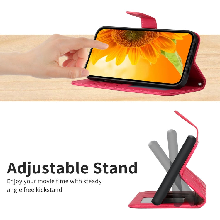 For iPhone 15 Pro Max Skin Feel Sun Flower Embossed Flip Leather Phone Case with Lanyard(Rose Red) - HoMEdemic™ 
