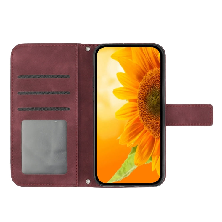 For iPhone 15 Pro Max Skin Feel Sun Flower Embossed Flip Leather Phone Case with Lanyard(Wine Red) - HoMEdemic™ 