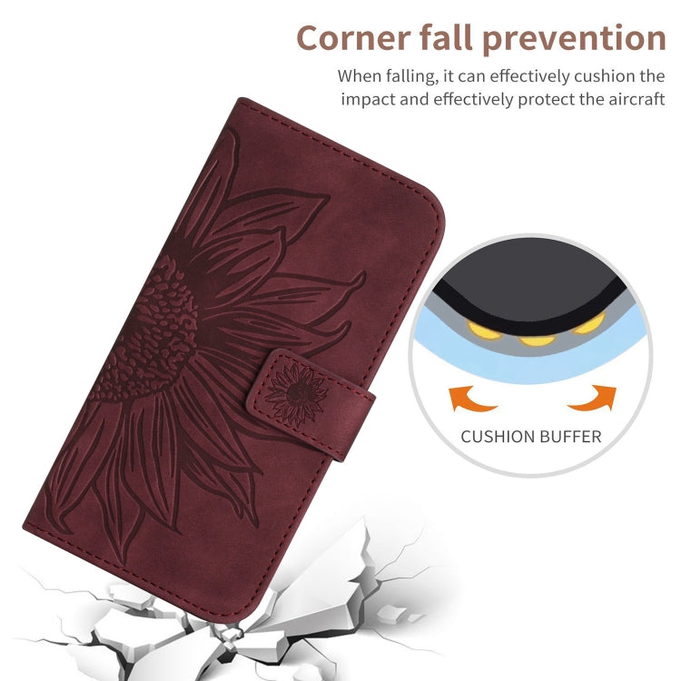 For iPhone 15 Pro Max Skin Feel Sun Flower Embossed Flip Leather Phone Case with Lanyard(Wine Red) - HoMEdemic™ 
