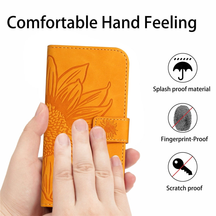 For iPhone 15 Pro Max Skin Feel Sun Flower Embossed Flip Leather Phone Case with Lanyard(Yellow) - HoMEdemic™ 