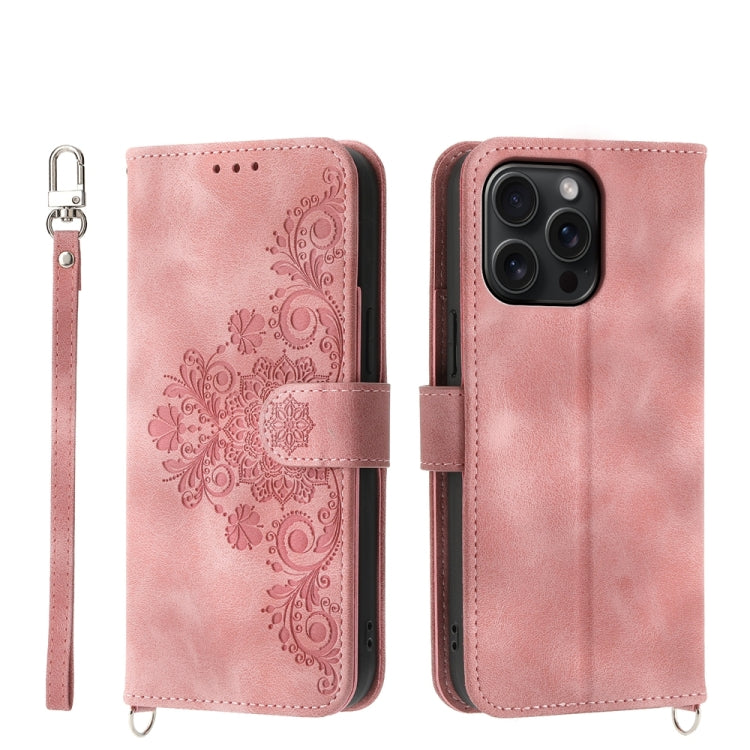 For iPhone 15 Pro Max Skin-feel Flowers Embossed Wallet Leather Phone Case(Pink) - HoMEdemic™ 