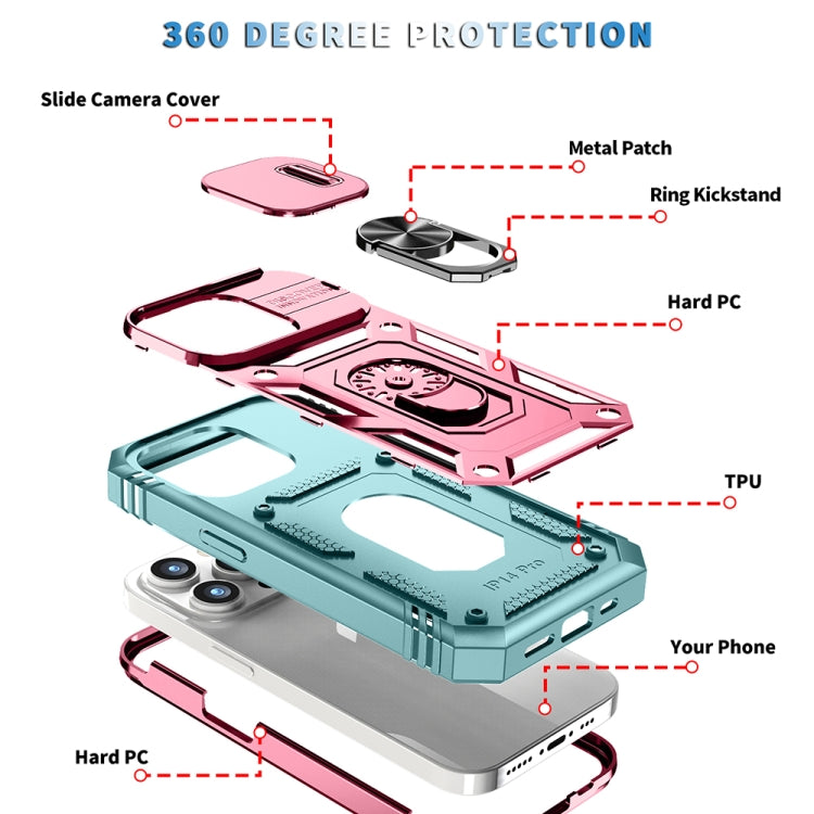 For iPhone 15 Pro Max Sliding Camshield Holder Phone Case(Pink+Green) - HoMEdemic™ 