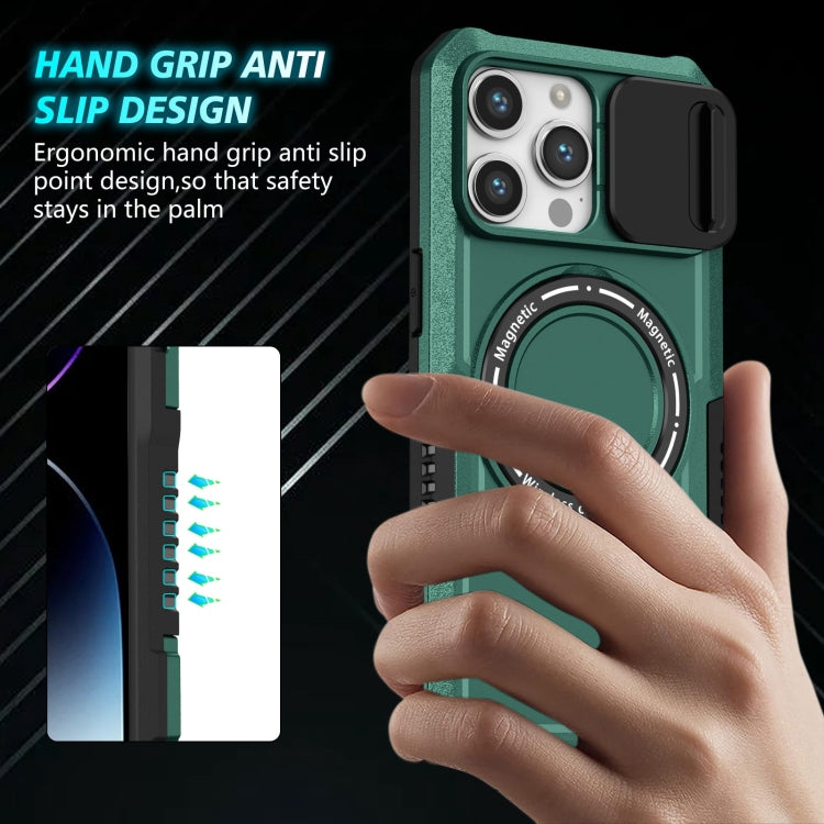 For iPhone 15 Pro Max Sliding Camshield MagSafe Holder TPU Hybrid PC Phone Case(Deep Green) - HoMEdemic™ 