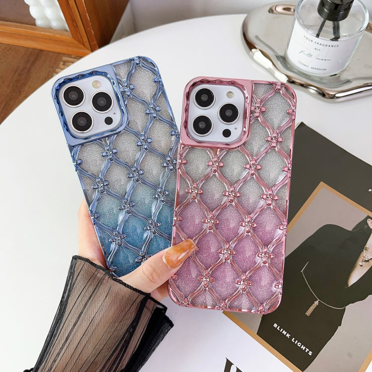 For iPhone 15 Pro Max Star Flower Electroplated TPU Phone Case with Gradient Glitter Paper(Blue) - HoMEdemic™ 
