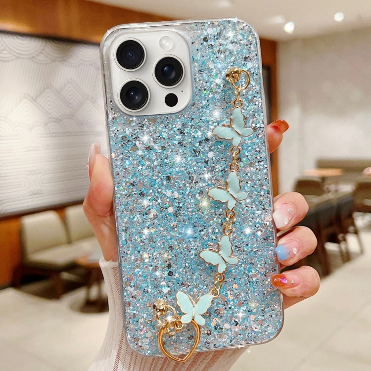 For iPhone 15 Pro Max Starry Sequin Butterfly Chain Epoxy TPU Phone Case(Blue) - HoMEdemic™ 
