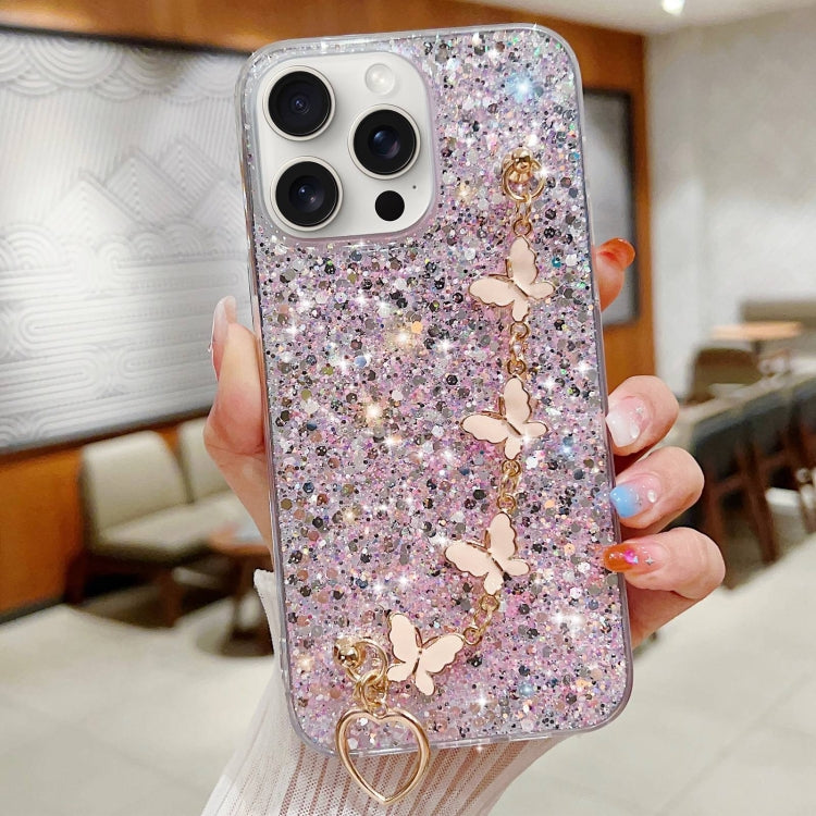 For iPhone 15 Pro Max Starry Sequin Butterfly Chain Epoxy TPU Phone Case(Pink) - HoMEdemic™ 