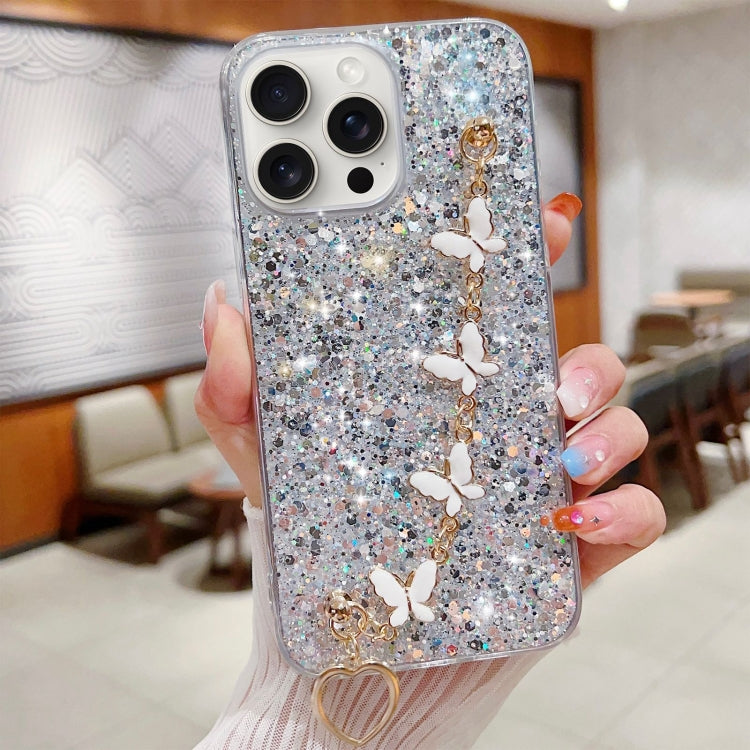 For iPhone 15 Pro Max Starry Sequin Butterfly Chain Epoxy TPU Phone Case(Silver) - HoMEdemic™ 