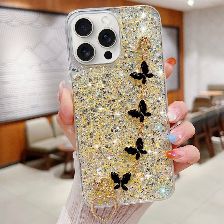 For iPhone 15 Pro Max Starry Sequin Butterfly Chain Epoxy TPU Phone Case(Yellow) - HoMEdemic™ 